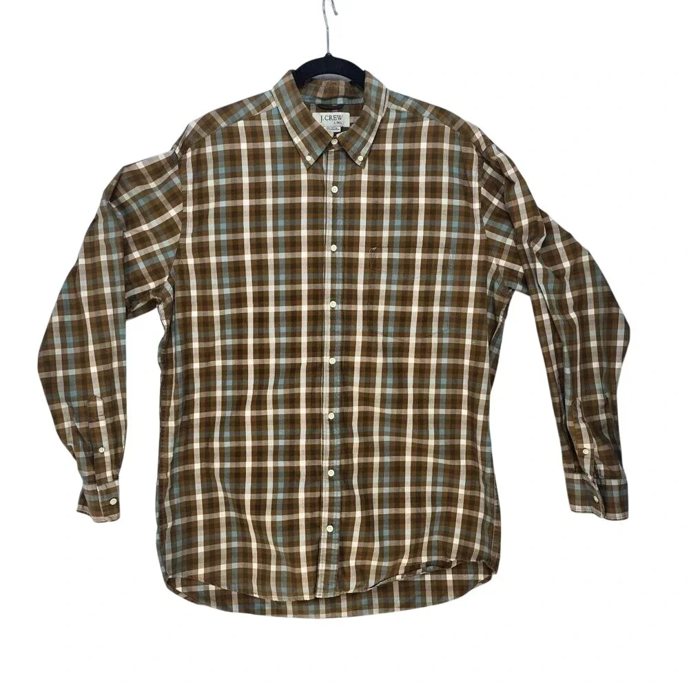 J.‎ Crew Mens L Tall Plaid Button Down Shirt Brown Blue White Cotton Long Sleeve